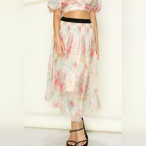 Tulle Flower Print Skirt. Matching Shirt is also listed. S-M-L